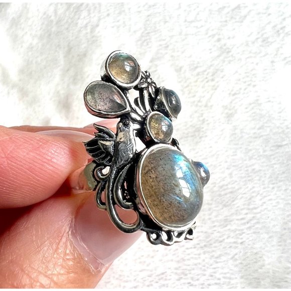 925 Bird + Flower Flash Labradorite Ring 6, 7, 8, 9 - Picture 4 of 6